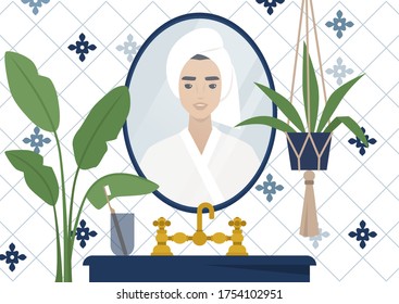 A mirror reflection of a young male character wearing a towel wrapped at the side of their head, azulejo tile, modern bathroom interior