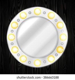 Mirror. Round. White. Light bulbs. Shine. Wooden background.