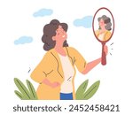 Mirror self awareness. Satisfied smile woman look reflection, know himself acceptance love expression girl think yourself knowledge affirmation concept vector illustration of mirror self awareness