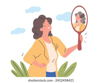 Mirror self awareness. Satisfied smile woman look reflection, know himself acceptance love expression girl think yourself knowledge affirmation concept vector illustration of mirror self awareness