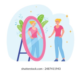 Mirror of self know. Happy woman look yourself reflection, self-knowledge personality awareness identity psychology esteem attitude individual mental perception vector illustration