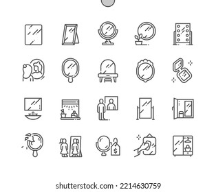 Mirror. Self reflection. Various mirrors - round, makeup, full length, bathroom interior. Furniture store. Pixel Perfect Vector Thin Line Icons. Simple Minimal Pictogram svg