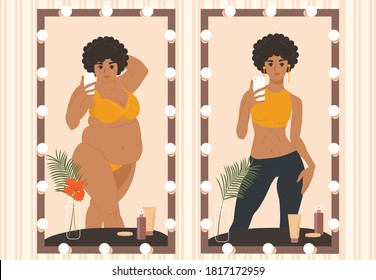 Mirror selfie. Overweight Problems. Weight loss and diet. Young fat and slim African American Girl taking a selfie on smartphone svg