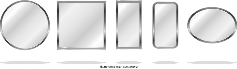 Mirror, a set of mirrors of different shapes isolated. Vector, cartoon illustration of a realistic mirror. Vector.