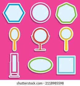 Mirror, a set of multi-colored cartoon mirrors with a white outline. Vector illustration. Vector.
