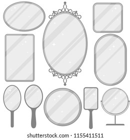 Mirror set, realistic mirrors frame collection, different forms with reflection, Round, rectangular, ellipse. Flat design Vector