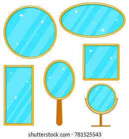 Mirror, a set of realistic mirrors in a gold frame, a set of mirrors. Flat design, vector illustration, vector.