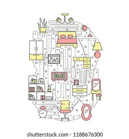 Mirror shape poster banner template. Bedroom interior with furniture vector thin line art flat style design elements, icons for web banners and printed materials.