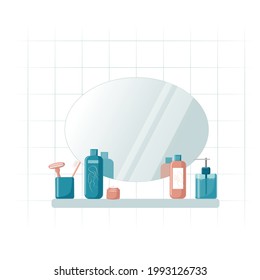 Mirror and shelf in the bathroom with personal hygiene items, toothbrush, cream, shampoo and gel. Cartoon vector illustration.