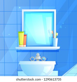 Mirror with a shelf on which a glass, toothpaste and brush. On the background of blue tiles. Vector cartoon illustration 