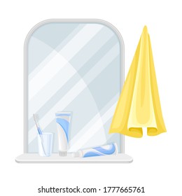 Mirror and Shelf with Toothbrush and Toothpaste as Bathroom Accessory Vector Illustration