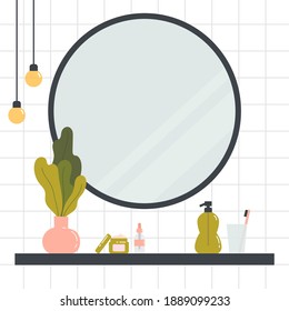 Mirror and shelf with various cosmetics and bathroom accessories. Face and body skin care concept. Trendy, minimalist bathroom interior. Hand drawn trendy colored illustration. 