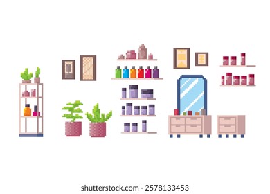 Mirror, shelves with perfume, indoor plants, shelving, paintings on the wall, set of pixel icons for a beauty salon. Video game sprite. 8-bit. Isolated vector illustration.