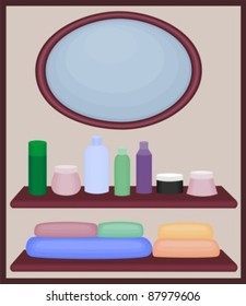 Mirror and shelves with vials and towels