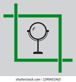 Mirror sign illustration. Black icon inside green crop tool at light gray background