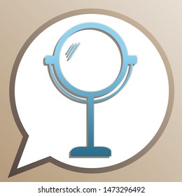 Mirror sign illustration. Bright cerulean icon in white speech balloon at pale taupe background. Illustration.