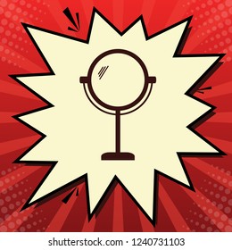 Mirror sign illustration. Vector. Dark red icon in lemon chiffon shutter bubble at red popart background with rays.