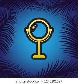 Mirror sign illustration. Vector. Golden icon with black contour at blue background with branches of palm trees.
