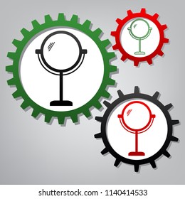 Mirror sign illustration. Vector. Three connected gears with icons at grayish background.