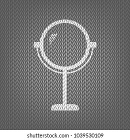 Mirror sign illustration. Vector. White knitted icon on gray knitted background. Isolated.