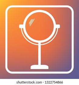 Mirror sign illustration. Vector. White icon on transparent button at orange-violet gradient background.