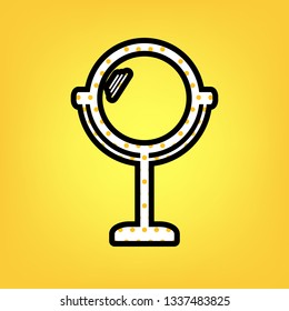 Mirror sign illustration. Vector. Yellow polka dot white icon with black contour at warm yellow background.