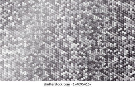 Mirror silver honeycomb tiles. Abstract mosaic geometry pattern. Hexagon minimal mirror background of honeycomb for modern cover, ad baner, web. Vector silver mosaic background