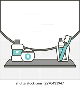 mirror, sink and shelf with toothbrush, toothpaste, floss and mouthwash in the bathroom - dental cartoon vector flat style cute character for design
