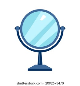 Mirror. Small table mirror on a leg. . Icon, clipart for website, app about cosmetics, beauty, home facial care. Vector flat illustration, cartoon style.