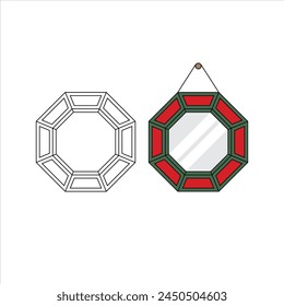 Mirror Style Glass Frame Hexagon Ornate Decor Decorative Asian Oriental Hanging Reflection Outline Red Green Design Illustration