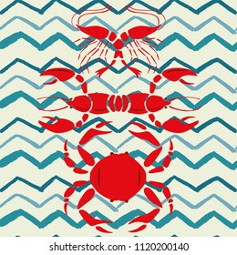 Mirror style lobster shrimp crab seamless vector pattern zigzag background sea food illustration