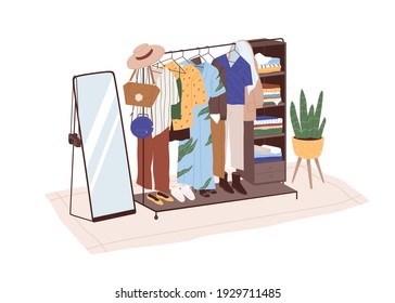 Mirror- und Sommermode-Kleiderschrank mit stilvollen Outfits. Frauenkleidung, die auf Hängevorrichtung hängt und auf Regalen des Lagersystems liegt. farbige flache Vektorgrafik einzeln auf weißem Hintergrund