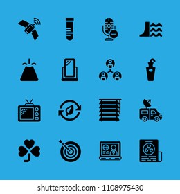 mirror, test tube, microphone, television, van, volcano, newspaper, clover and umbrella stand vector icon. Simple icons set