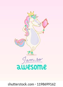 Mirror Unicorn. I am so awesome. Cute vector illustration.