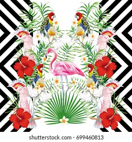 Mirror vector composition of tropical birds and plants, leaves and flowers. Multicolored parrots and pink flamingos on a geometric background