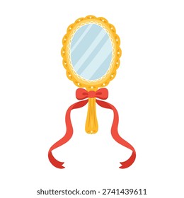 Mirror vector vintage gold frame with red bow flirty design, cute cartoon hand-drawn style isolated on white background, kawaii princess vanity accessory, stylish magic glass element
