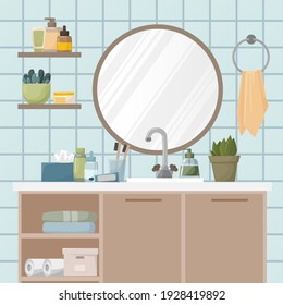 Mirror and wardrobe with shelves in the bathroom. Toothpaste, toothbrushes, soap, skin care products, wipes and towels. Plants in the bathroom. Flat vector illustration.