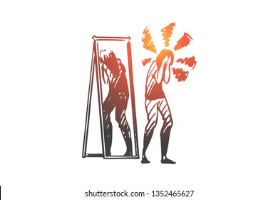 Mirror, woman, reflection, inferiority, complex concept. Hand drawn woman in front of the mirror, inferiority complex concept sketch. Isolated vector illustration.