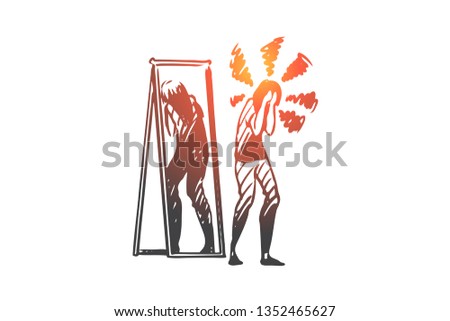 Mirror, woman, reflection, inferiority, complex concept. Hand drawn woman in front of the mirror, inferiority complex concept sketch. Isolated vector illustration.