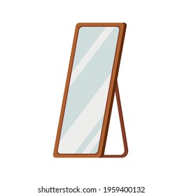 Mirror with wood frame stand on floor isolated on white background. Home modern floor mirror for hallway, bedroom interior design. Flat catroon style clip art vector illustration.