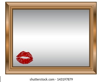 Mirror in the wooden frame with red lips
