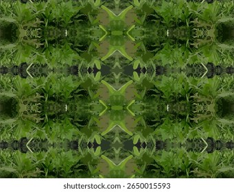 Un patrón abstracto reflejado de denso follaje arbustivo, mostrando una variedad de tonos verdes y hojas exuberantes. Esta composición botánica simétrica evoca una estética natural de la selva, ideal