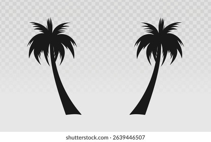 Mirrored black palm tree silhouettes with curved trunks, perfect for resort branding, travel graphics, or island-themed designs. Clean vector pair with transparent background.