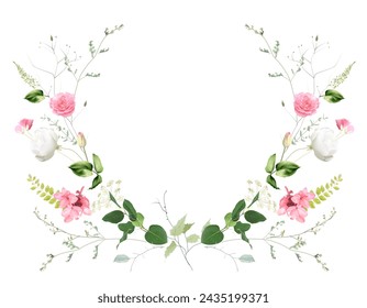 Flores reflejadas plantas marco de diseño vectorial. Ramas de prado pintadas a mano, flores, hojas sobre fondo blanco. Invitación de boda verde. Tarjeta de estilo acuarela. Los elementos son aislados y editables