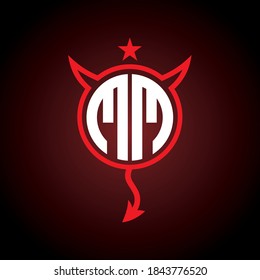 Mirrored and horizontal flipped of letter M in the circle shape with devil horn and tail ornament. Initial logo design template. Gaming, hobby, esport identity.