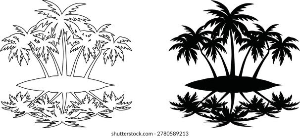Mirrored landscape featuring exotic palm trees on island with water reflection in outline and black silhouette forms.