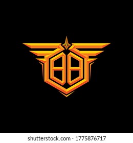 Mirrored of letter B and wing of frame with 3D effect. Gold color. Initial logo, brand. Suitable for gaming, hobby, military or business brand.