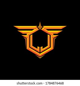 Mirrored of letter L in the wing of frame with embossed gold color 3D effect. Initial logo, brand for gaming, hobby, military or business.