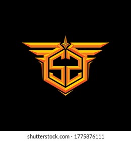 Mirrored of letter S and wing of frame with 3D effect. Gold color. Initial logo, brand. Suitable for gaming, hobby, military or business brand.