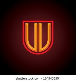 Mirrored letter U capital in the shield. Embossed 3d effect. Initial logo template and illustration.